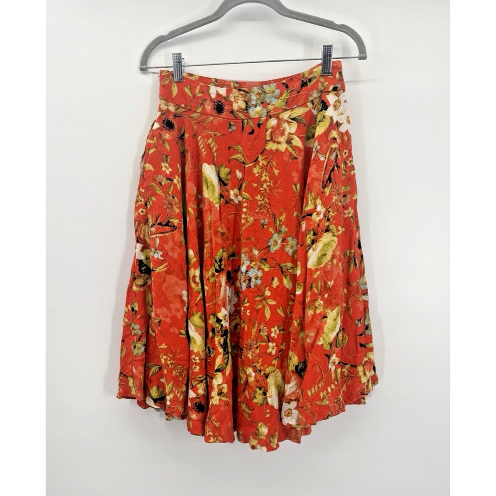 VTG Premise Orange Floral Linen Skirt 4 Pockets Twirl Boho Autumn Fall Colorful - Picture 4 of 12